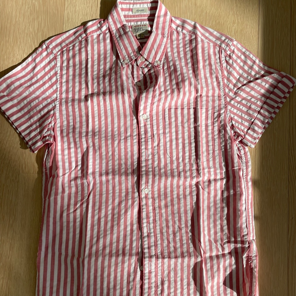 JCrew Pink Seersucker Short Sleeve Button Down, Size S